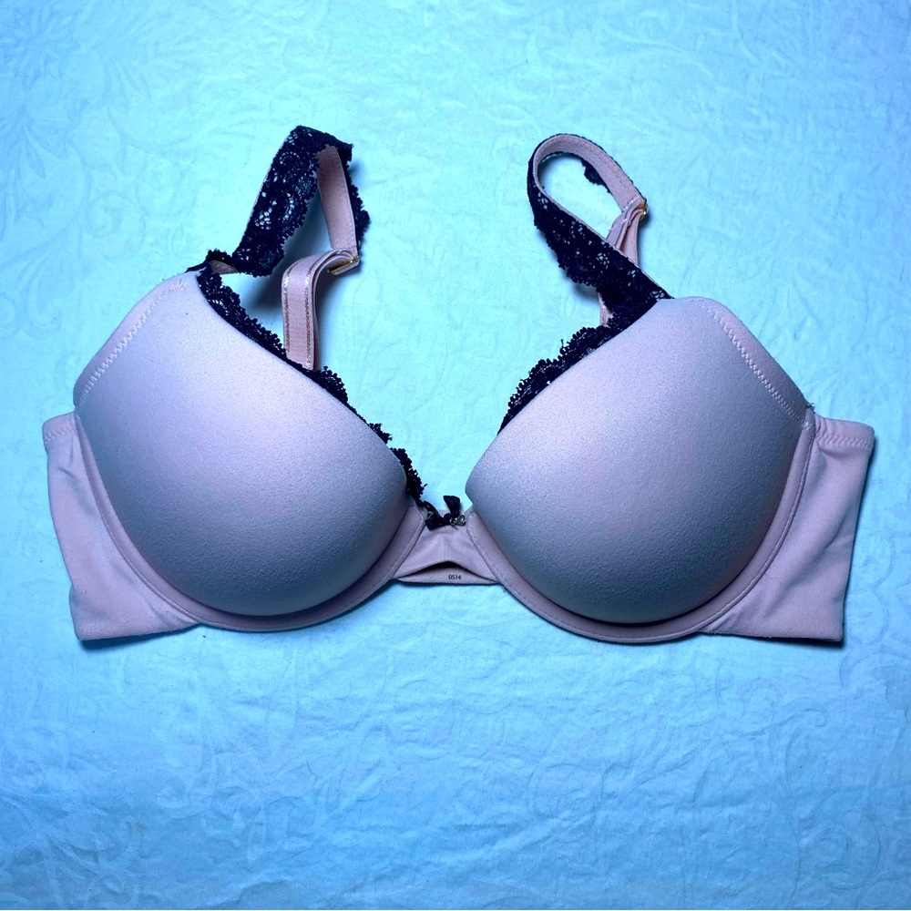 Soma Embraceable Push Up Lace Trim Pastel Pink with Black 34B Great Used Cond.